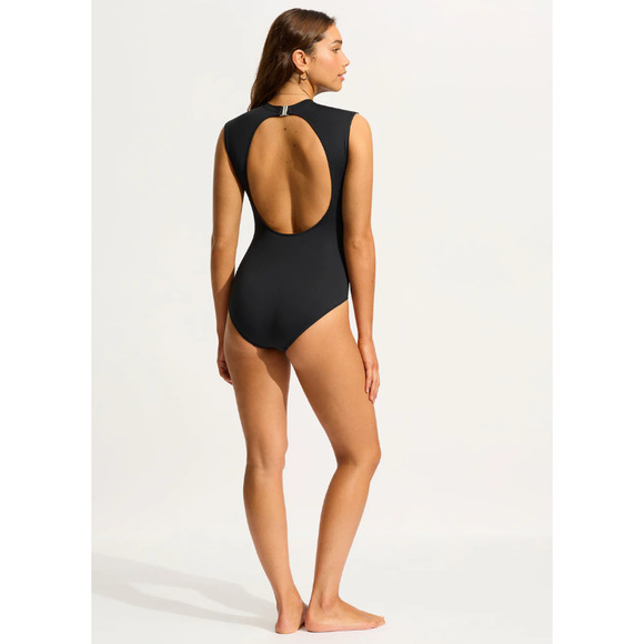 SEAFOLLY COLLECTIVE Women's One Piece Swimsuit US 14 Black Cap Sleeve NWT - Picture 2 of 16